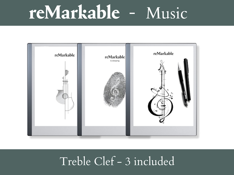 Puede incluir: Tres tabletas reMarkable con dise&ntilde;os tem&aacute;ticos musicales. Las pantallas muestran ilustraciones de una guitarra, una huella dactilar con una nota musical y una clave de sol con notas musicales. Dos bol&iacute;grafos negros est&aacute;n colocados a la derecha. El texto dice "reMarkable - Music" y "Treble Clef - 3 included".
