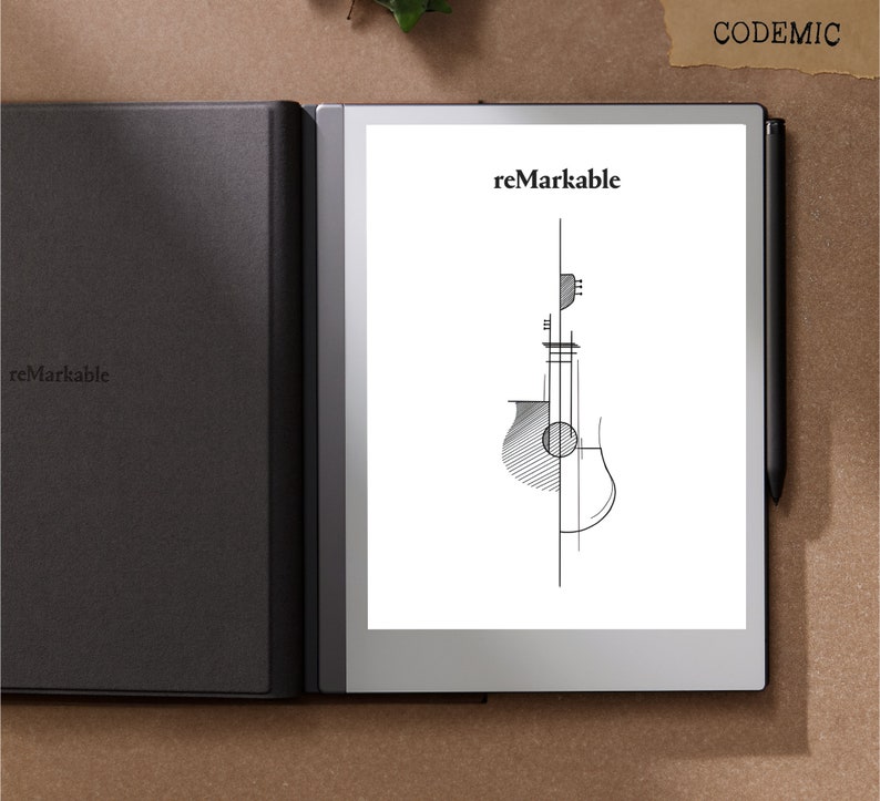 Puede incluir: Un lector electr&oacute;nico negro con la palabra "reMarkable" impresa en la cubierta y la pantalla. La pantalla muestra una ilustraci&oacute;n de guitarra en blanco y negro. Un l&aacute;piz &oacute;ptico negro est&aacute; adjunto. El lector electr&oacute;nico est&aacute; abierto, revelando la pantalla.