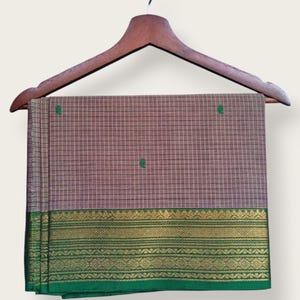 Grey & Green Chettinad Cotton Saree with Zari Border