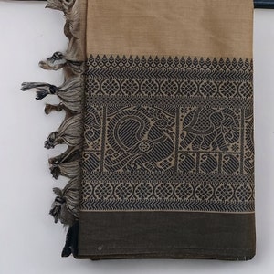 Chettinad Cotton Saree: Beige, Light Brown & Black Border - With Blouse