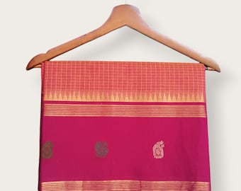 Handwoven Pink Cotton Saree, South Indian Zari Border