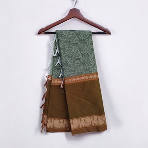 Handwoven Chettinad Cotton Saree: Green Vanasingaram Indian Ethnic Wear