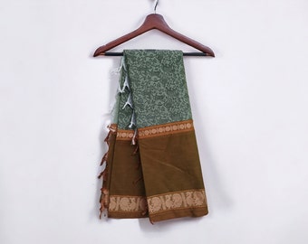 Handwoven Chettinad Cotton Saree, Green Vanasingaram Design
