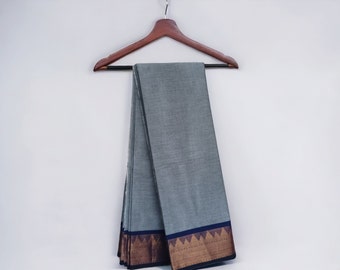 Handwoven Chettinad Cotton Saree, Grey & Dark Blue Zari Border