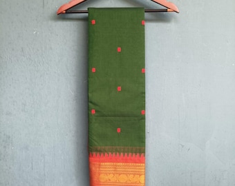 Handwoven Chettinad Cotton Saree, Dark Green with Red Zari Border