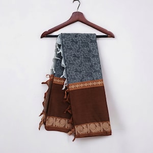 Handwoven Chettinad Cotton Saree: Brown & Black Vanasingaram Design