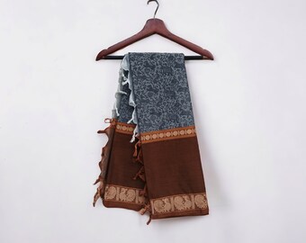 Handwoven Cotton Saree: Brown & Black Vanasingaram Design