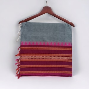Handwoven Chettinad Cotton Saree: Grey & Dark Rose Border, Indian Ethnic Wear