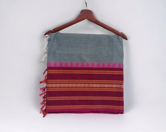 Handwoven Chettinad Cotton Saree, Grey & Dark Rose Border