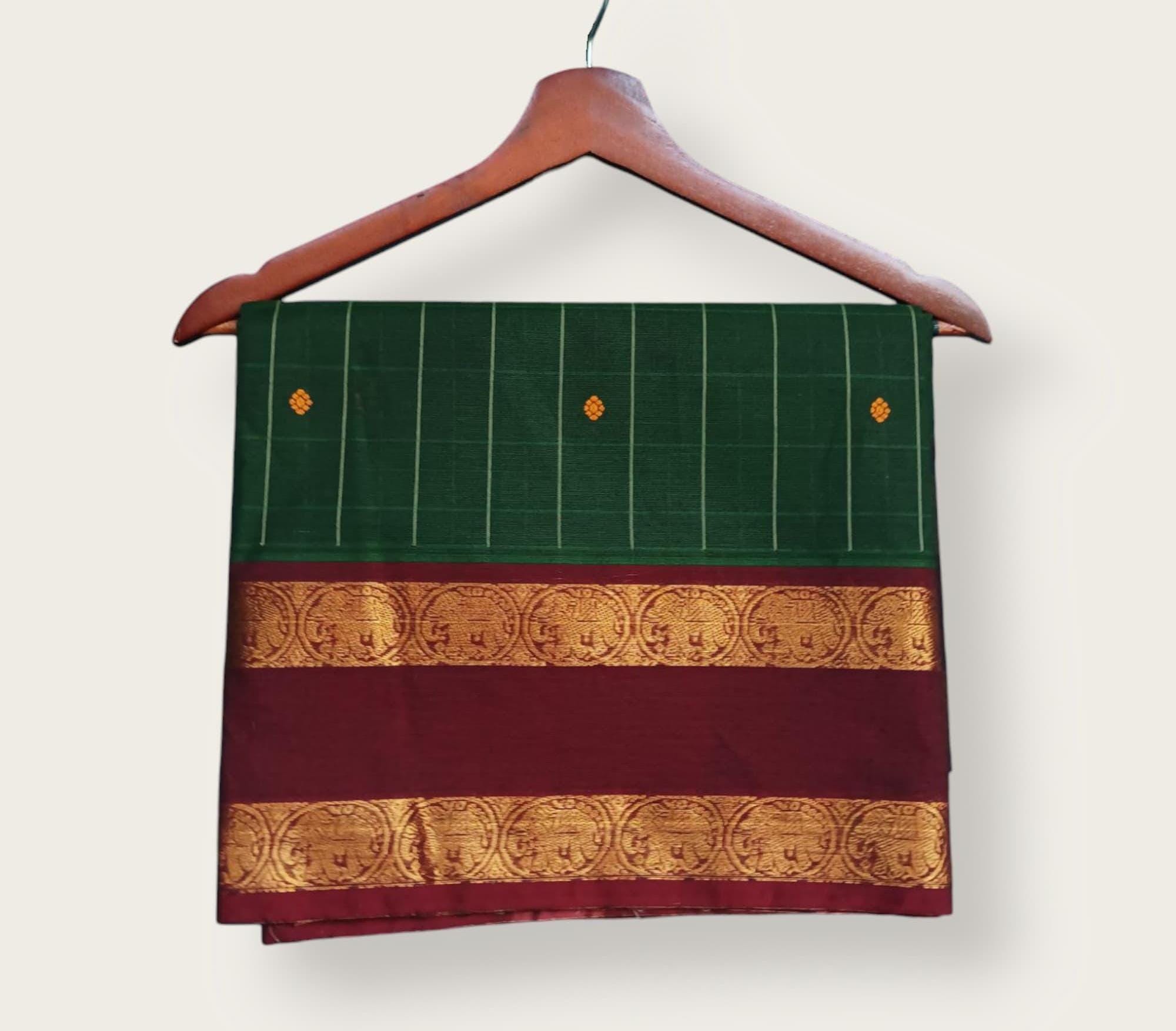 Cotton Saree Chettinad Cotton Saree for Women Kanchi Cotton Saree Pure Cotton Saree Green with Maroon and Blue Double color Border Saree