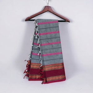 Handwoven Chettinad Cotton Saree: Grey with Rose Jari Border