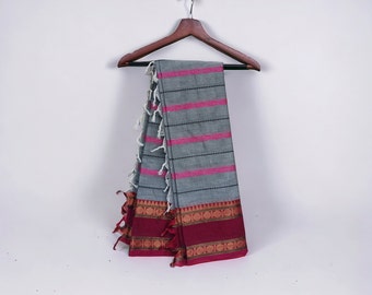 Handwoven Chettinad Cotton Saree, Grey Rose Zari Border