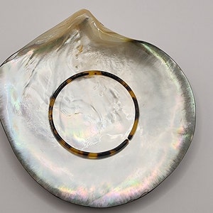 Può includere: Un braccialetto in tartaruga marrone e nero appoggiato su una conchiglia madreperla bianca.