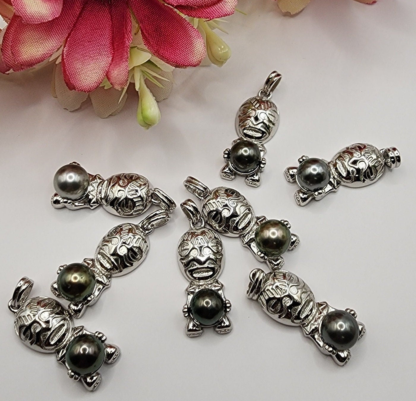 Sterling Silver Tiki 8mm Tahitian Pearl Pendants