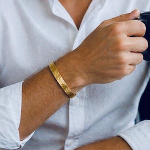 Hand Forged Gold Tone Brass Bracelet, Personalized Hammered Adjustable Men Cuff Jewelry