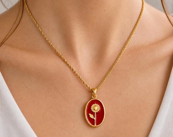 Red Enamel Flower Necklace, 18k Gold Plated Chain, Personalized Gift for Woman