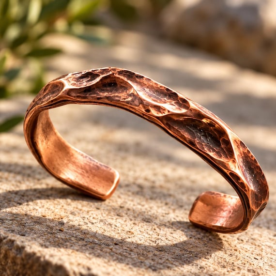 Hand-Forged Pure Copper Cuff Bracelet, Textured Men's Jewelry, Rustic Gift