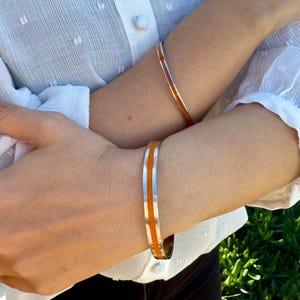 Orange Enamel Handmade Bangle Bracelet, Bohemian Stainless Steel Personalizable Jewelry