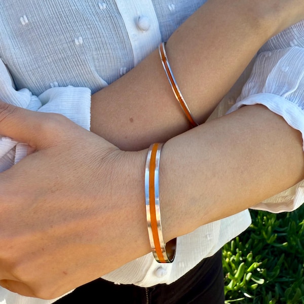 Orange Enamel Handmade Bangle Bracelet, Bohemian Stainless Steel Personalizable Jewelry