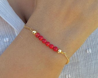 Small Red Coral Beaded Bracelet, 14k Gold Chain, Minimalist Summer Jewelry
