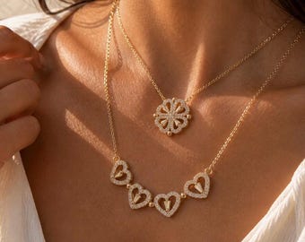 Heart Clover Magnetic Necklace, 14K Gold Plated Stainless Steel, Mom Gift, Mother's Day