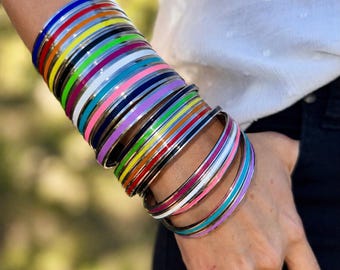 Mom Bracelets, Colorful Stackable Bangles, Enamel Stainless Steel Bracelets, Personalizable Gift for Mother