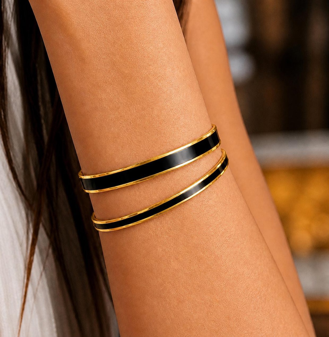 Black Enamel Bangles, 22K Gold Plated Handmade Bracelet  display picture 3