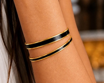 Black Enamel Bangles, 22K Gold Plated Handmade Bracelet, Minimal Gift for Woman
