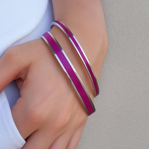 Stackable Purple Enamel Bangles, Thick and Thin Everyday Stainless Steel Bracelets, Anniversary Gift