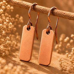 May include: A pair of copper-toned drop earrings featuring smooth, rectangular metal pendants suspended from curved ear wires. The earrings have a matte finish and a simple, clean design with rounded corners on each rectangular drop component.