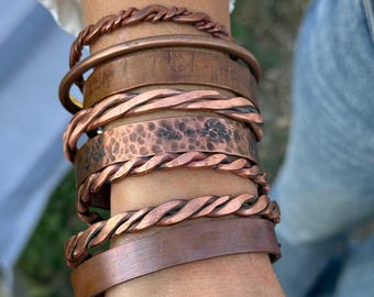 Waterproof 100% Solid Pure Copper Bracelet, Hammered Twisted and Minimalist Coppers