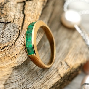 Zambian Emerald 14K Gold Band Ring: Princess Cut May Birthstone