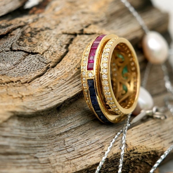 Rubin Smaragd Safir Diamant 14k Guld Spinnerarmband