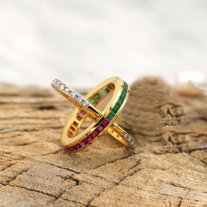 Ruby, Emerald & Diamond 14k Gold Reversible Band Ring