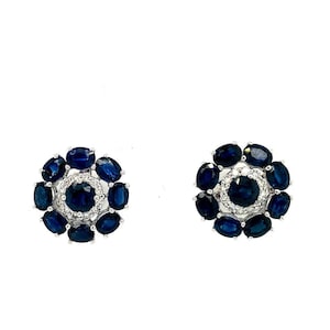 Blue Sapphire Diamond 14K White Gold Stud Earrings - September Birthstone