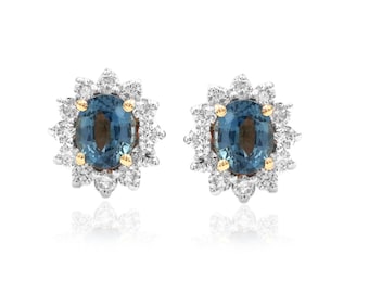 Brincos de ouro 14K com safira azul do Ceilão e diamante