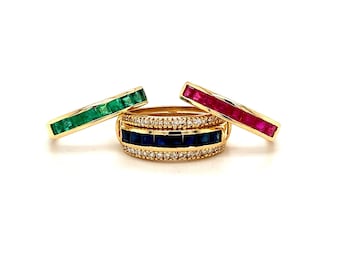 14K Gold Multi Gemstone Ring: Ruby, Emerald, Sapphire & Diamond