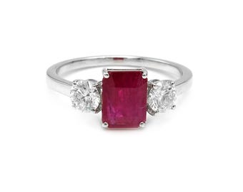 Unique Emerald Cut Ruby & Diamond 18K Gold Ring: July Birthstone White Gold Band