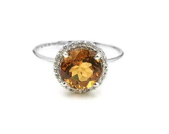 Round Cut 18k White Gold Natural Diamond & Citrine Women Ring: November Birthstone Jewelry