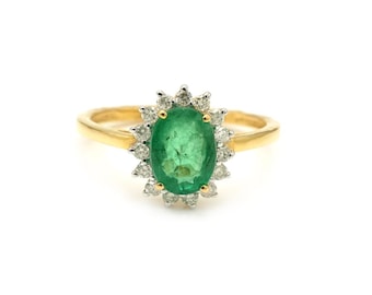 Natural Oval Cut Emerald Diamond 18K Yellow Gold Ring Pendant, Anniversary Gift For Women
