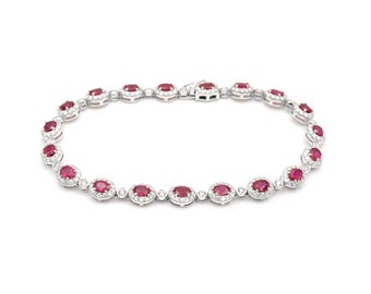 Pulsera de oro blanco de 18 quilates para mujer con rubí de talla ovalada: Pulsera minimalista con piedra preciosa, piedra natal de julio.