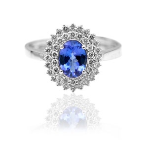 Oval Tanzanite Diamond Halo Ring: 18K White Gold Birthstone