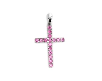 Natural Pink Sapphire Cross Pendant: Handmade 14k White Gold Dianty Pendant, September Birthstone