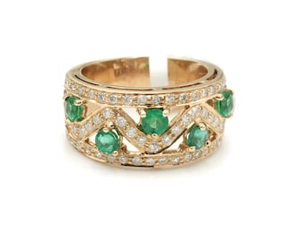 Anillo de oro de 14 y 18 k con esmeralda natural de Zambia y diamante de talla redonda, piedra preciosa verde.