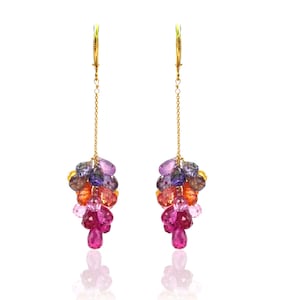 Multi Sapphire 18K Gold Dangle Earrings: Grape Design Fine Jewelry