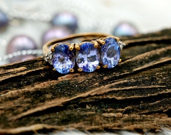 Natürliche Tansanit & Diamant 14K Gold Ring: Dezember Geburtsstein