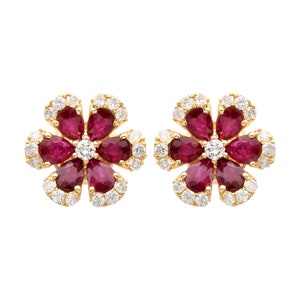 Ruby Diamond Flower Studs: 18K Gold July Birthstone Earrings