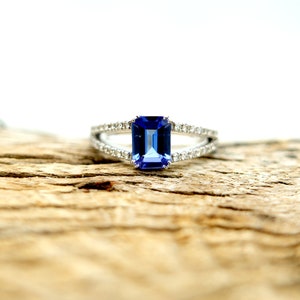 Emerald Cut Tanzanite Ring: Diamond 18K White Gold Birthstone Ring