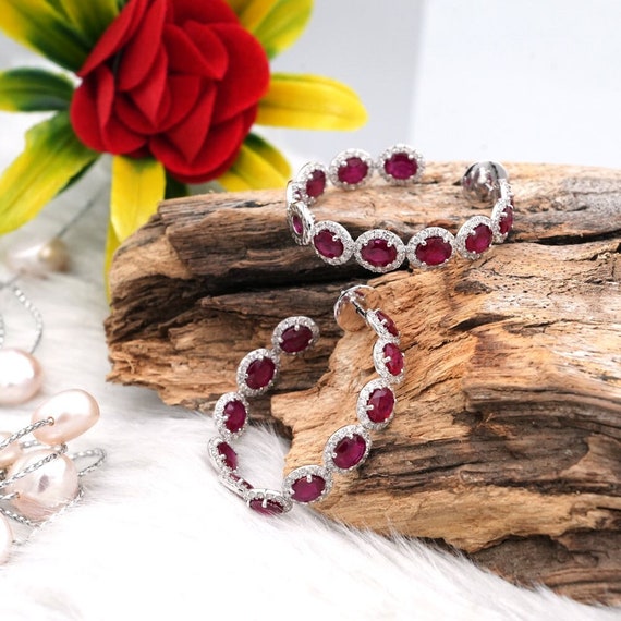 thumbnail image 2 of AFFY Jewelry Hanging Hoop Earrings – Simulated Ruby & Natural Diamond In 14K White Gold Plated Sterling Silver 2 of 6