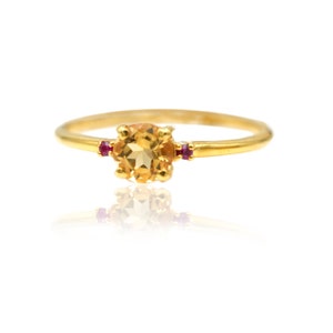 Natural Citrine & Ruby Studded 18K Solid Gold Ring, Fine Jewelery, November Birthstone, Gift For Her, Dianty Citrine Gold Ring, OfficeWear